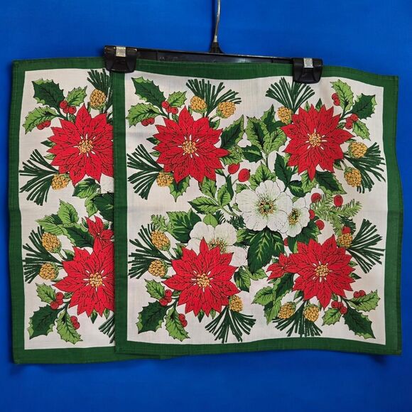 Vintage Floral Poinsettia Holiday Christmas Square Cloth Napkins MCM Set of Two - Picture 6 of 13